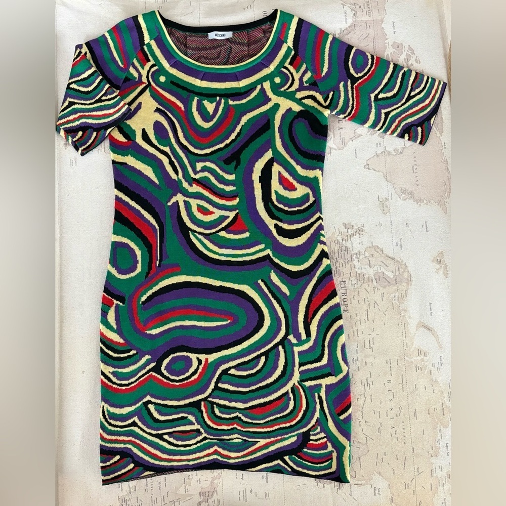 Moschino Knit Sweater Dress Retro Swirl Print S/M